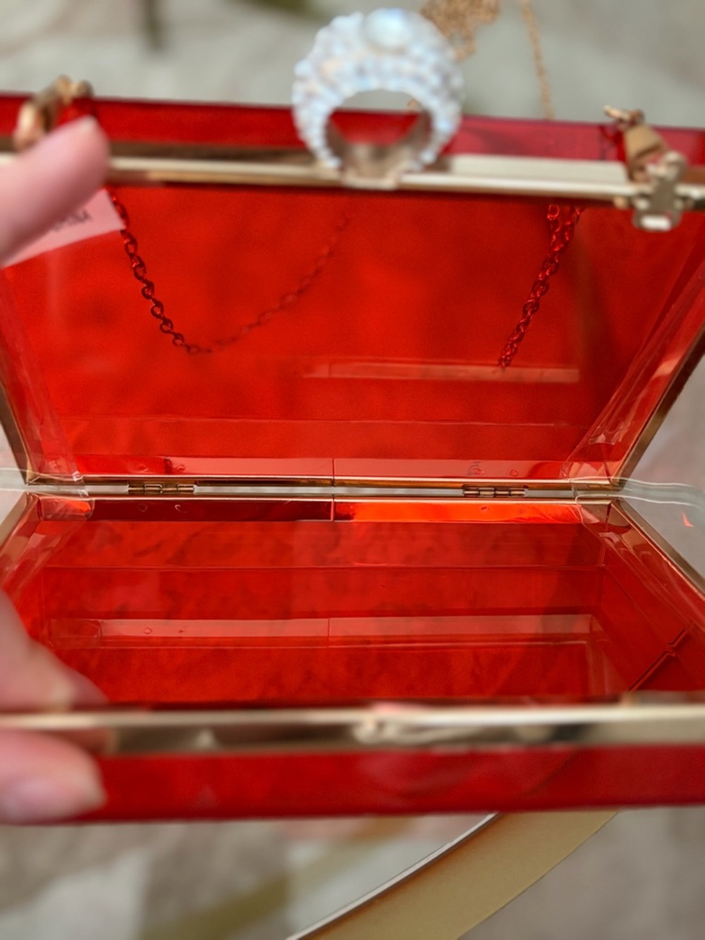 Red Acrylic Box Clutch Rhinestone Ring Clasp Gold Chain Evening Bag - Picture 11 of 14